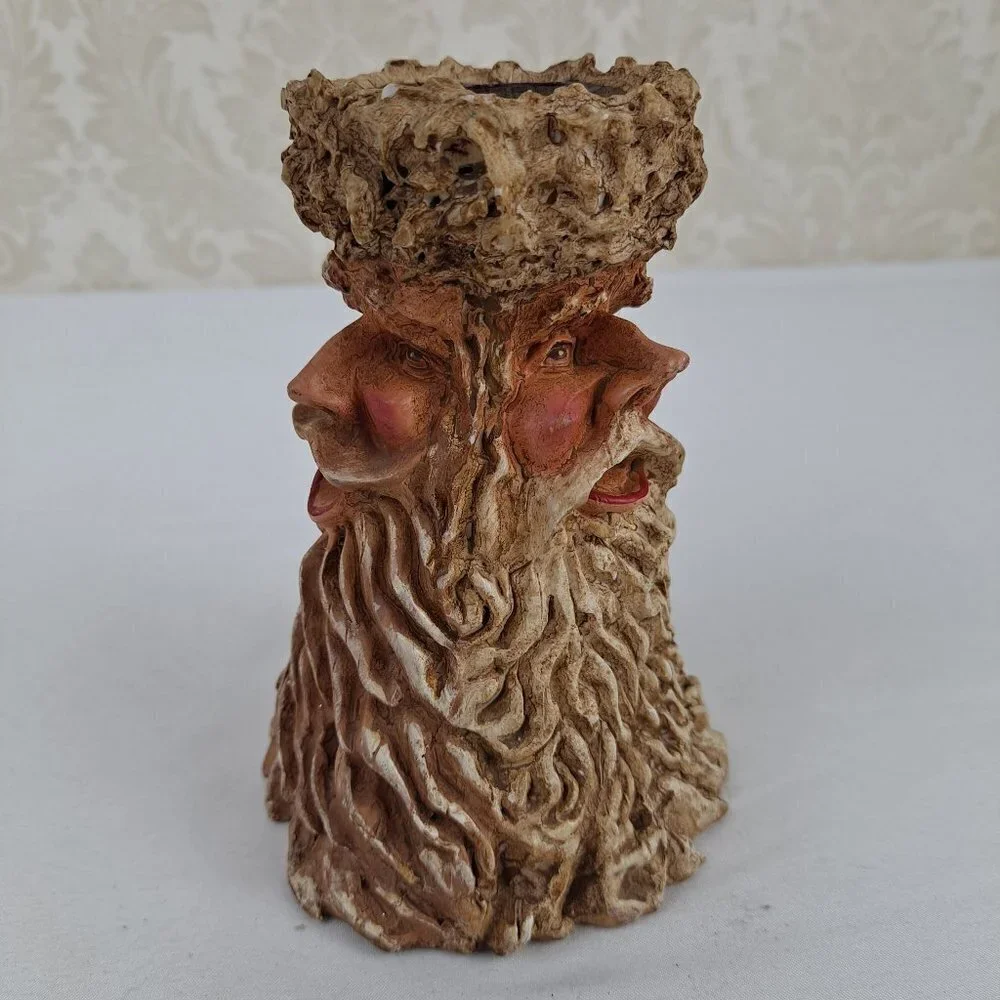 Candleholder 3 Face Santa Primitive Resin Decor Collectible Brown Tan